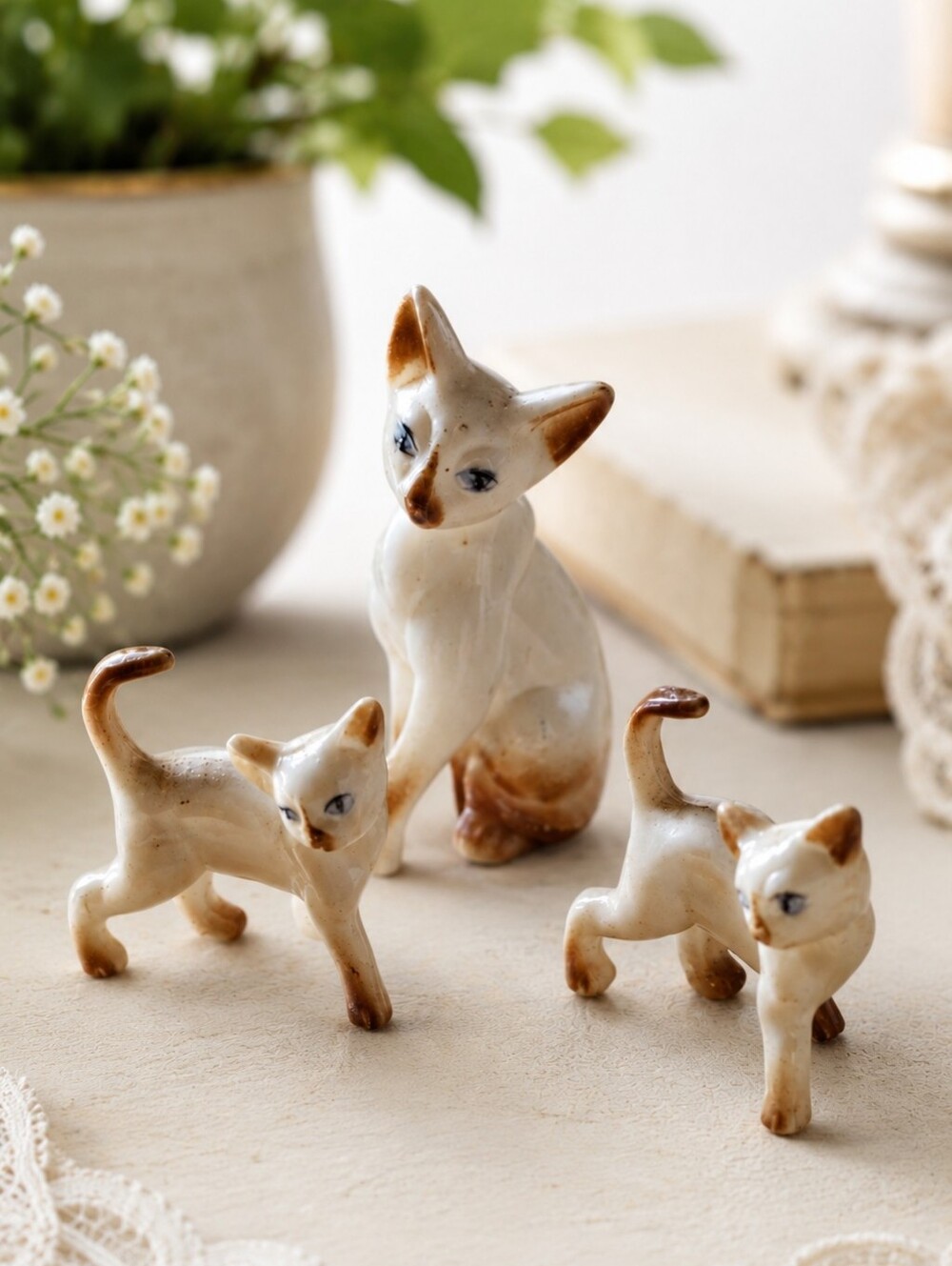 Vintage Hong Kong Mini Cat Figurines Set Cottagecore Kitten Family Decor